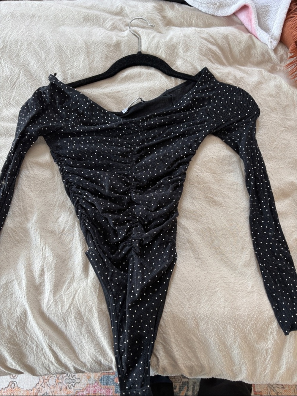 Zara Black Polka Dot Ruched Long Sleeve Bodysuit